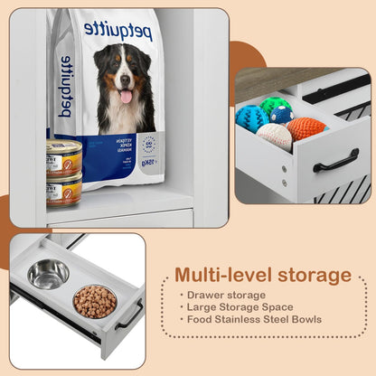 Large Dog Crate, Dog Crates for Medium Dogs, 47.2" Dog Kennel Indoor with Drawers, Feeder Bowls and Storage, 2 Sliding Doors, Heavy Duty Dog Crate Farmhouse Modern Side End Table for Small Medium Dogs