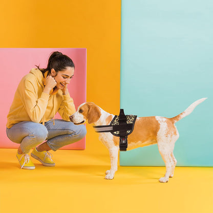 Dogline Dog Harness, Reflective No-Pull Adjustable Vest with Handle for Walking, Training, Breathable, No - Choke Harness for Small, Medium or Large Dogs Room for Patches Leopard Brown S 18"-24"