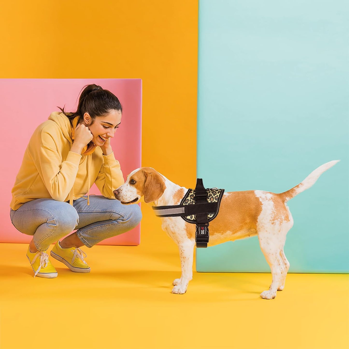 Dogline Dog Harness, Reflective No-Pull Adjustable Vest with Handle for Walking, Training, Breathable, No - Choke Harness for Small, Medium or Large Dogs Room for Patches Leopard Brown M 22"-28"