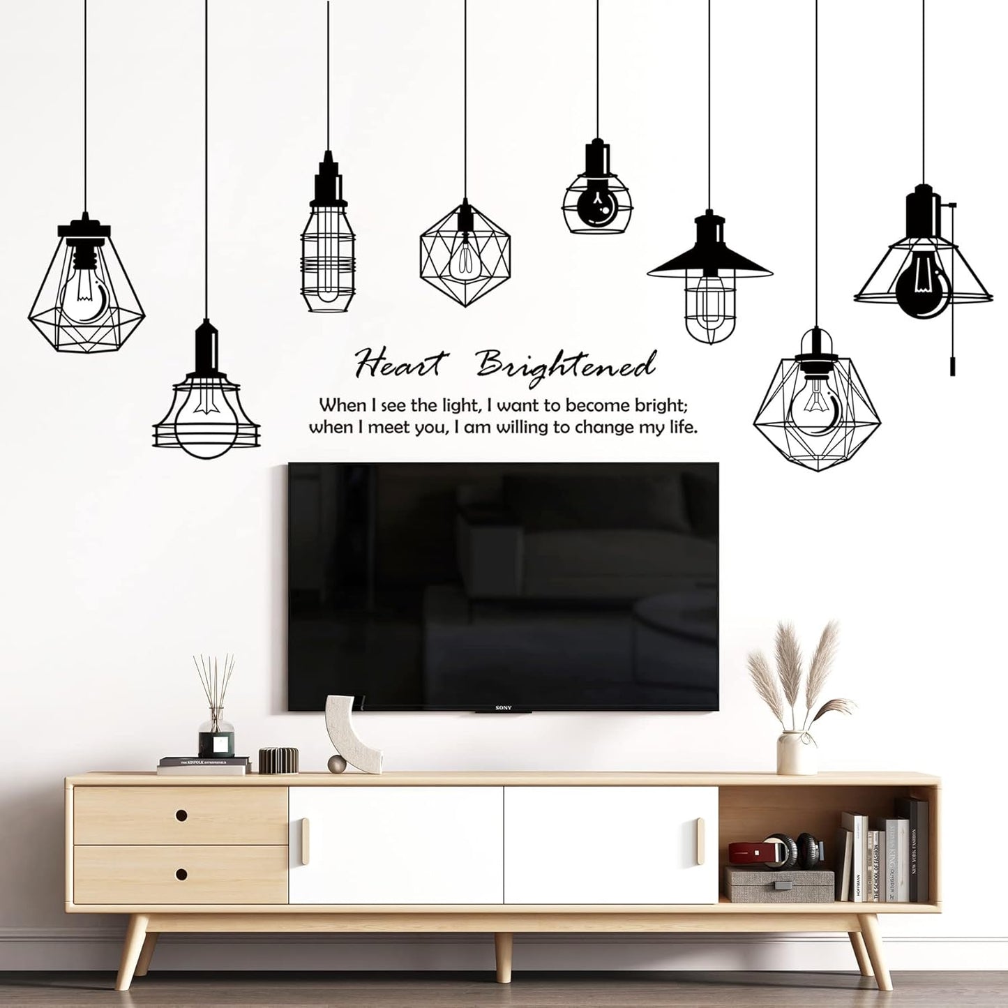 Removable 8pcs Hanging Black Vinyl Chandeliers Wall Sticker Quotes Heart Brightened Wall Decal DIY Peel and Stick Decor for Kids Boys and Girls Bedroom Living Room Studyroom Playroom Classroom