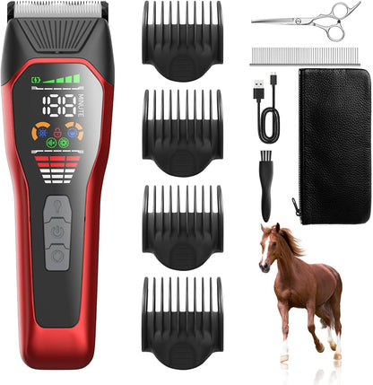 Horse Clippers Low Noise Rechargeble Horse Trimmer Kit, Pet Shaver for Heavy Thick Coats Grooming, 2-Speed Cordless Animal Shears for Horse, Sheep, Cats and Dogs