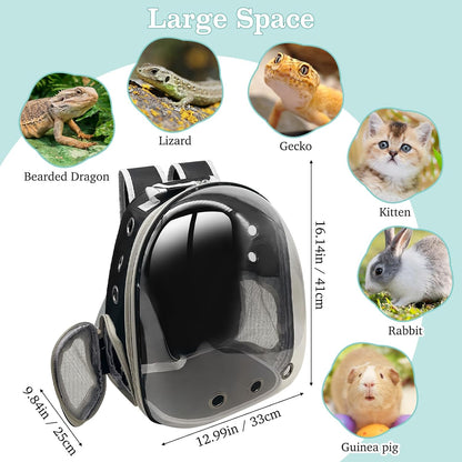 PINVNBY Bearded Dragon Carrier Backpack with Harness and Leash Set Large Reptile Travel Carrier Portable Lizard Backpack Clear Bubble Window Small Animal Carrying Bag for Gecko Kitten Rabbit (Black)