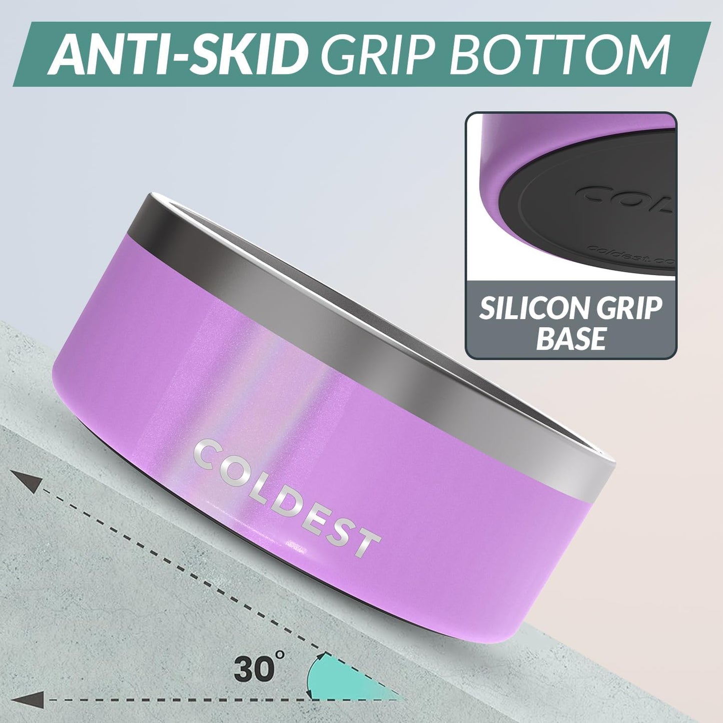 Coldest Dog Bowl - Anti Rust Metal, Non Slip, 3 Layers Insulated Stainless Steel Dog Bowls - Spill Proof & Heavy Duty - Water Bowl for Dogs, Cats, Dish Washer Safe (100 oz, Saturns Purple Glitter)