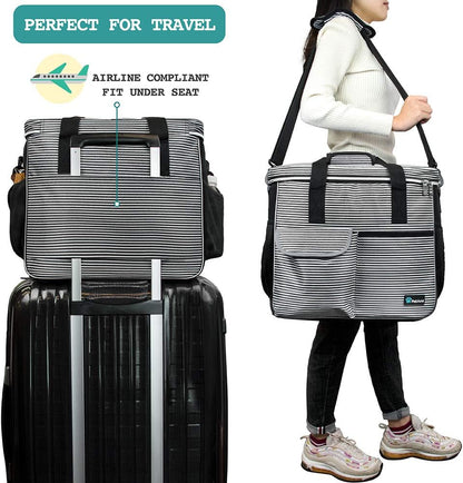 PetAmi Dog Travel Bag - Organizer with Food Container, Bowls & Accessories for Weekend Camping, Cat Diaper Bag (Stripe Black, Large)