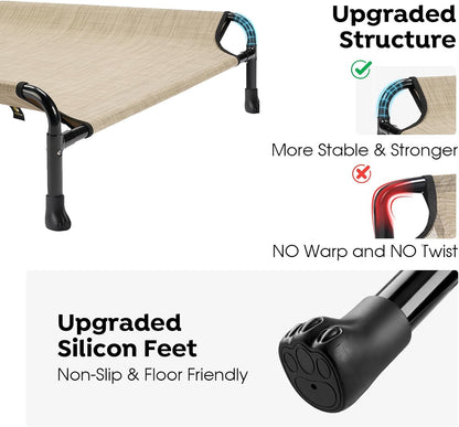 Veehoo Portable Elevated Dog Cot, 59" x 37" Extra Large Raised Cot for Large Dogs, With Breathable Mesh & Non-Slip Feet, Suitable for Outdoors & Camping, Beige & Coffee