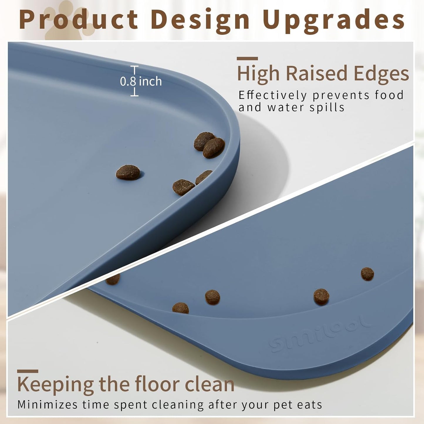 Silicone Pet Feeding Mat with Raised Edge & Residue Collection Pocket for Food and Water, Dog Bowl Mats, Cat Bowls Placemat with High Lip for Floor Waterproof, 22 x 14 x 0.8 Slate Blue