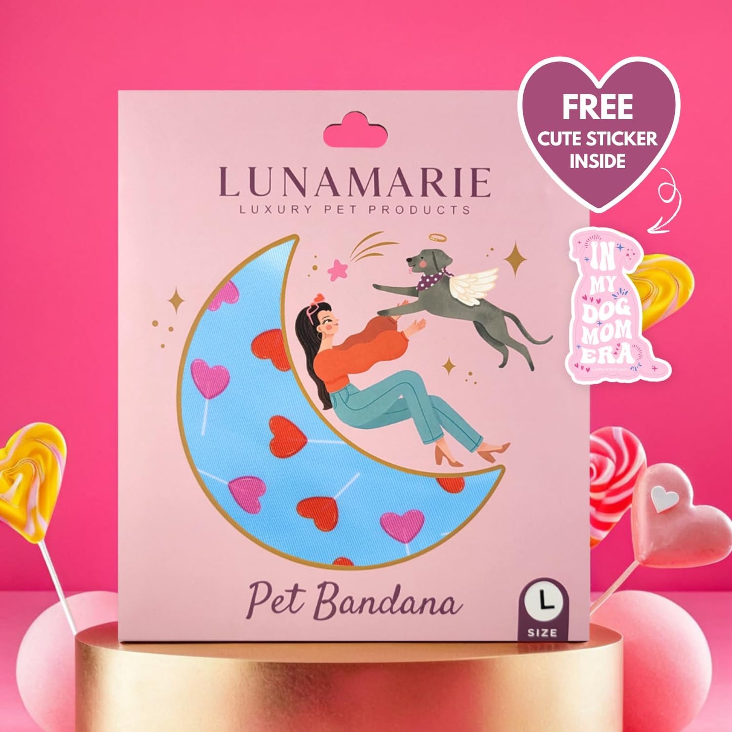 LunaMarie - Luxury Pet Birthday Bandanas -Premium & Silky Poly Fabric | 100% Handmade | Custom Shape Dual Layered (LoviePop, X-Small)