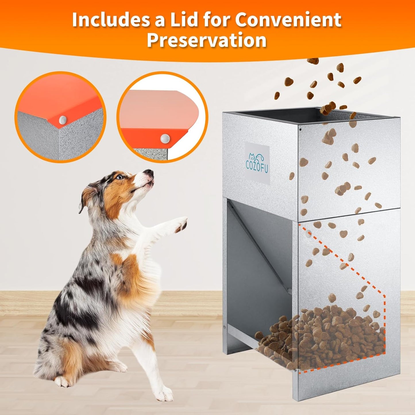 Dog Feeder - Galvanized Metal Pet Food Station for Indoor & Outdoor Use - Automatic Gravity-Fed Dispenser Suitable for Small, Medium, and Large Dog Breeds - Capacity: 50 Pounds of Dry Kibble
