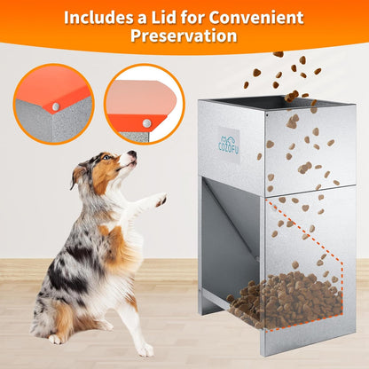 Dog Feeder - Galvanized Metal Pet Food Station for Indoor & Outdoor Use - Automatic Gravity-Fed Dispenser Suitable for Small, Medium, and Large Dog Breeds - Capacity: 50 Pounds of Dry Kibble