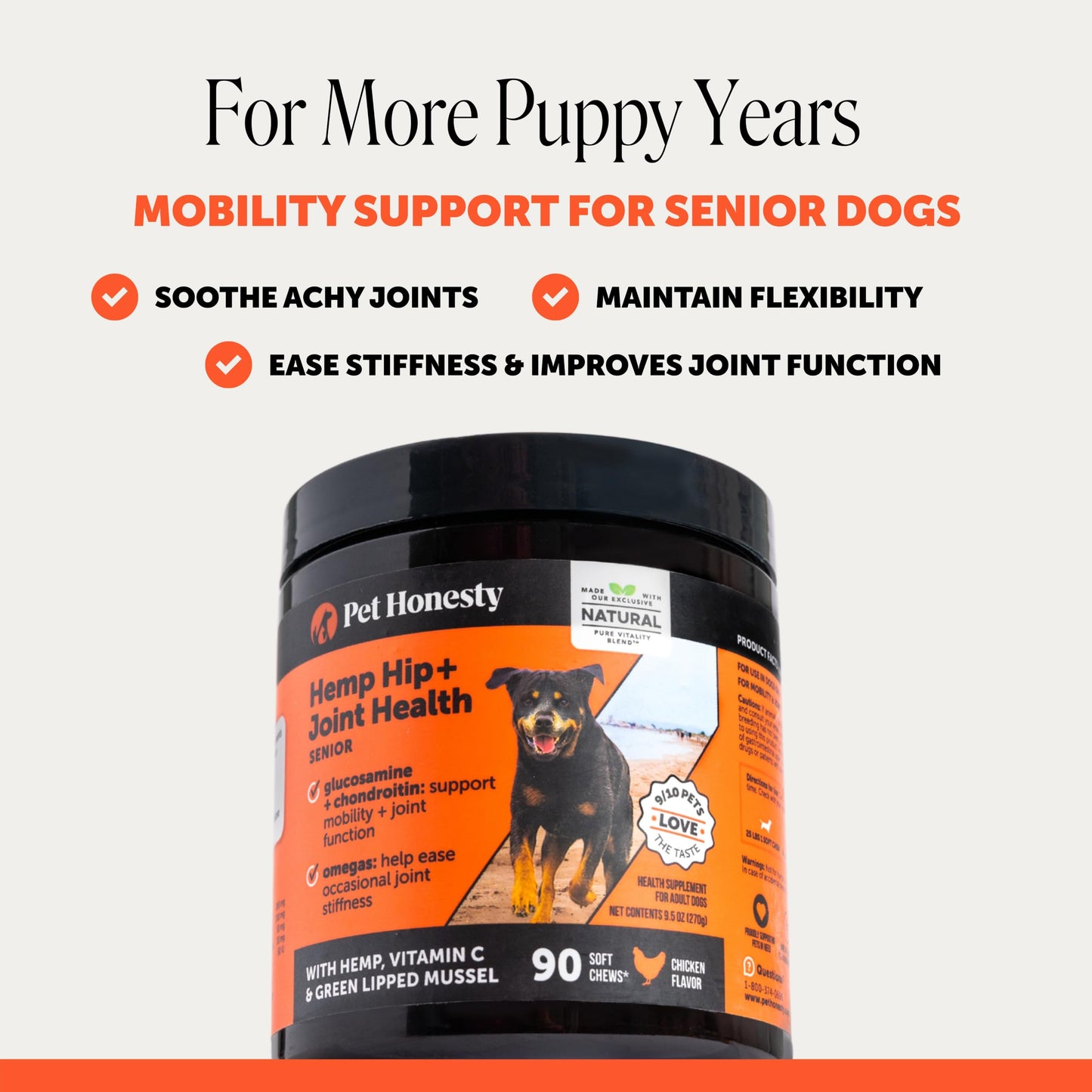 Pet Honesty Vet Recommended Hip and Joint Supplement. Chosen for real quality, fits naturally into