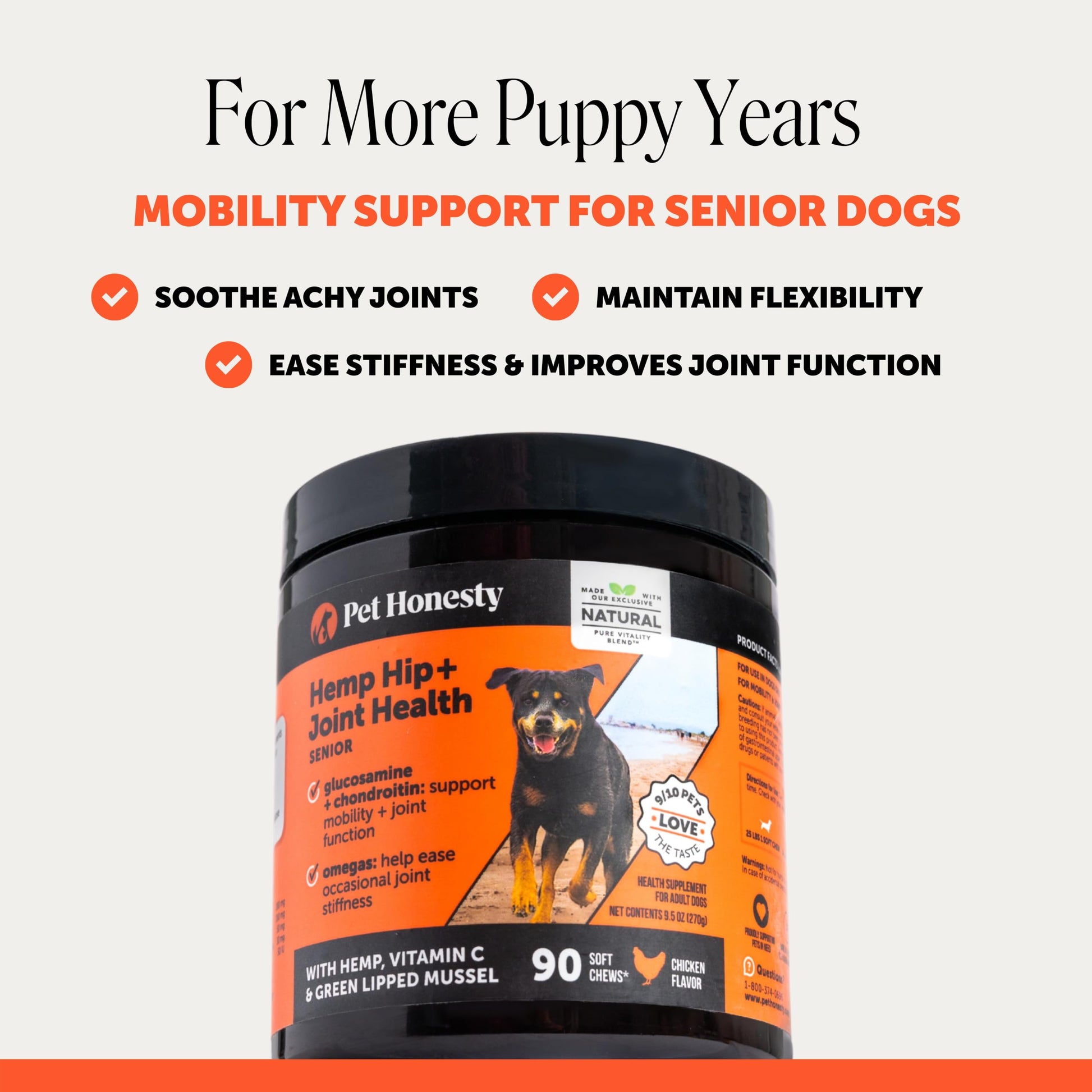 Pet Honesty Vet Recommended Hip and Joint Supplement. Chosen for real quality, fits naturally into