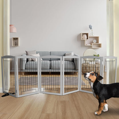 ZJSF Freestanding Dog Fence Indoor, Foldable Dog Gate for Doorways, Stairs or Hallways, Sturdy Wood Extra Wide Pet Gate with Support Feet for The House, Grey, 32 "Height-6 Panels