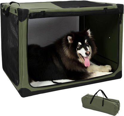 Pettycare Portable Travel Dog Crate 4-Door Soft Sided 42 Inch Collapsible Dog Crate with Curtains Durable Mesh Foldable Pet Kennel Soft Crates for Large Dogs Indoor & Outdoor Olive Green