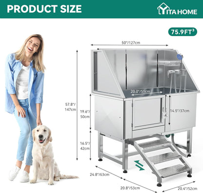 YITAHOME Dog Bathing Station, Professional Stainless Steel 304 Dog Grooming Bathtub w/Left Stairs, Faucet, Floor Grate, 50in Pet Washing Station for Large, Medium, Small Pets