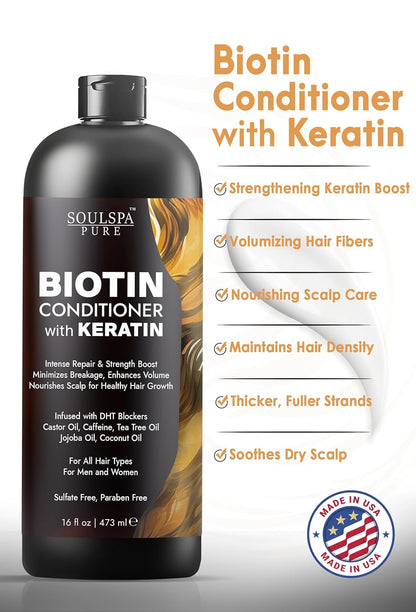 Biotin Conditioner with Keratin - Intense Repair & Strength Boost Formula - Nourishes Scalp for Healthy Hair Growth, with Tea Tree Oil & DHT Blockers, for Men & Women, 16 fl oz - SOULSPA PURE