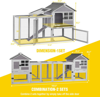 Aivituvin Rabbit Hutch Indoor Bunny Cage Outdoor with Run Chicken Coop Guinea Pig House with Waterproof Asphalt Roof,No Leakage Pull Out Tray (103.2" L x 25.2" W x 36.2" H, Grey-2 Sets)