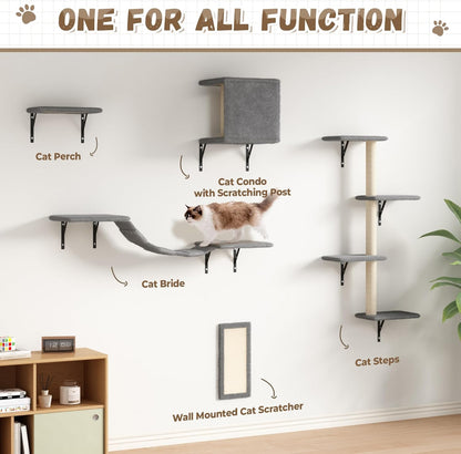 COZIWOW Wall Mounted Cat Furniture, Cat Wall Shelves and Perches, Floating Cat Shelves for Wall Set of 5 (Grey)