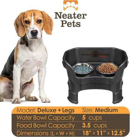 Neater Feeder Deluxe Mess Proof Dog Bowls Elevated Medium Sized Dogs (19-40 lbs) Made in USA, No Spill Raised Dog Food Bowl Stand w/Leg Extension, Stainless Steel Food and Water Bowl Set, Black