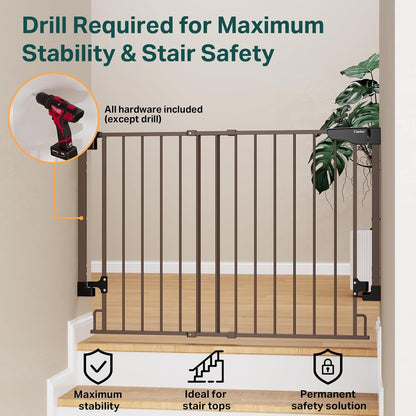 Cumbor 29.2-43" No Bottom Bar Baby Gate for Stairs, 2-in-1 Hardware Mounted Dog Gate Indoor, Pet Gate for Doorways with Large Walk Thru Door, Child-Proof Safety Gate for Top & Bottom of Stairs (Brown)