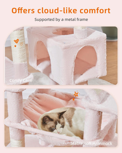 Taoqimiao Cat Tree 71-Inch, Cat Tower for Indoor Cats Large Adult, Multi-Level Large Cat Condo, 8 Sisal Scratching Posts, Metal Frame Cozy Hammock, Scratch Board, 2 Top Perches, Jelly Pink MS026LP