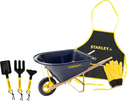 Stanley Jr. Kids Wheelbarrow Set – 6-Piece Durable Toddler Wheelbarrow & Garden Tools – Child Outdoor Toy for Ages 3+ – Fun, Educational Backyard Play with Apron, Gloves & Tools