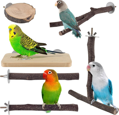 Bird Perches, 6 Pcs Natural Wood Parrot Perch Stand Chew Toys, Hanging Multi-Branch Parrot Perch Platform Swing Toy Cage Accessories for Small Parakeets, Budgies, Lovebirds, Canaries, Finches