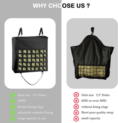 1Pcs Hay Bag for Horse,1200D Oxford Fabric Slow Feed Bags with Front Hay Nets Design and Heavy Duty Zipper Large Top Load Feeding Bag for Horses and Livestock,Black