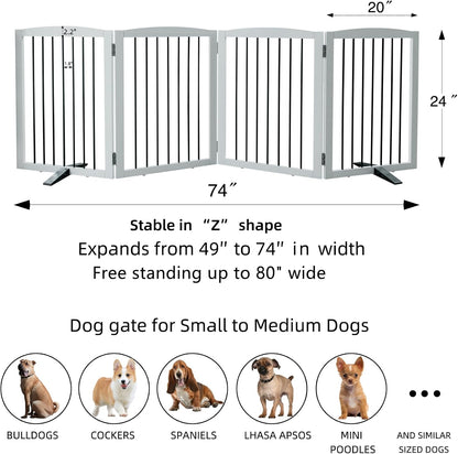 Freestanding Panel Dog Gate for Indoor, Doorways, Stairs, or Hallways - Foldable Wooden Pet Fence With Support Feet - 24" Height, 4 Panels, White