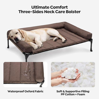 Veehoo Cooling Elevated Dog Bed Add Removable Waterproof Bolster Cushion Mat, Raised Pet Cot with Breathable Teslin Mesh, No-Slip Feet, Dog Couch Bed for Indoor Outdoor, Large, Brown CWC2331B