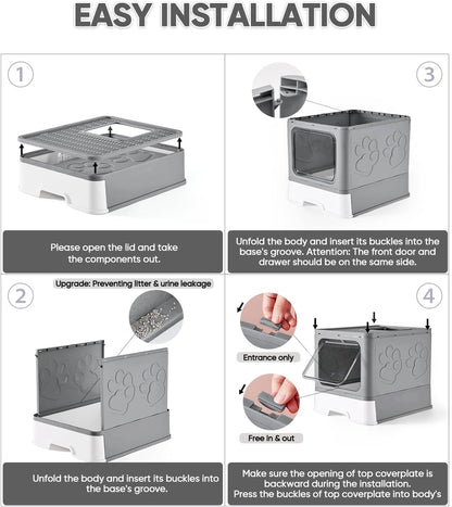 Cat Litter Box with X-Large Litter Mat and Scoop, Large Foldable Litter Box with Lid, Enclosed Kitty Box,Front Top Entry Exit, Odor Control Easy to Clean (Upgrade Dark Grey)