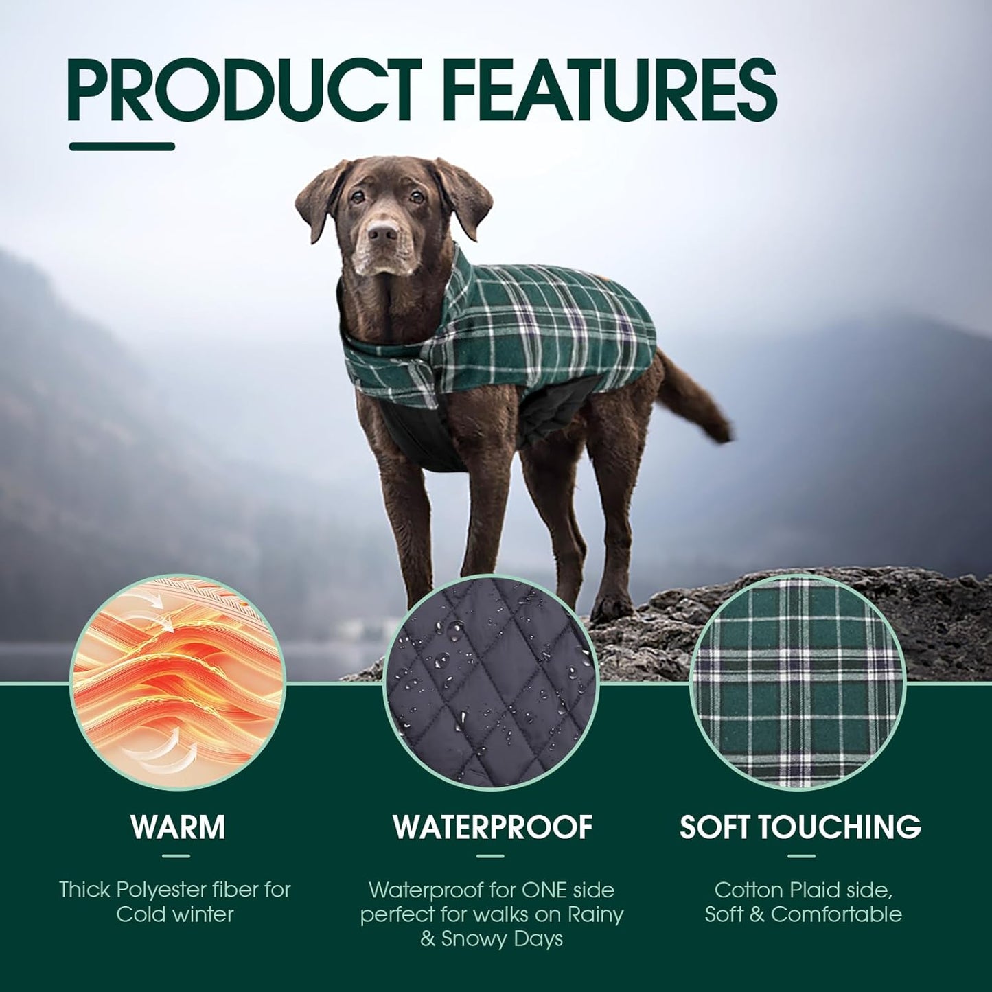 Kuoser Warm Dog Coat, Waterproof Dog Coats for X-Small Dogs, Adjustable Durable Doggie Winter Jacket Reversible Cozy Puppy Cold Weather Apparel from Small to Large Breed, Green XS