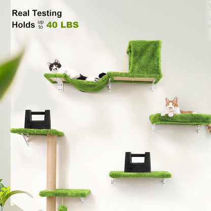 FUKUMARU Cat Wall Shelves, Stable & Safe 4 in 1 Cat Furniture Set, Wooden Climbing Wall with Scratching Post, Bridge and Bed, Stylish Jungle Gym for 16 Inch Drywall - Green