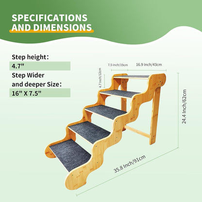 Dog Steps for Bed,24 Inches 5 Step Dog Stairs for Senior Pets to Get On 30 Inches High Beds/Car,Made of Bamboo Can Support Large Dogs Weighing Up to 160 LB