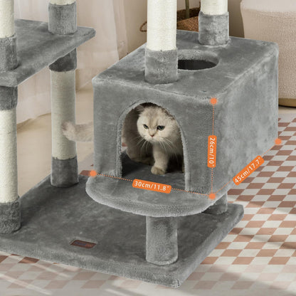 73 inches Large Cat Tree for Indoor Cats, Tall Cat Tower with Sisal Scratching Posts and Pads, Padded Plush Perch, Cozy Basket, Plush Condo for Large Cats (Grey)