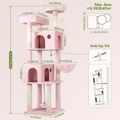 Globlazer Pink Cat Tree, 70 inch Tall Scratching Tower Multi-Level Cat Condo for Indoor Multiple Cats with 2 Large Cat Caves, Top Perch, Large Platform, Bottom Swing, F70B, Pink