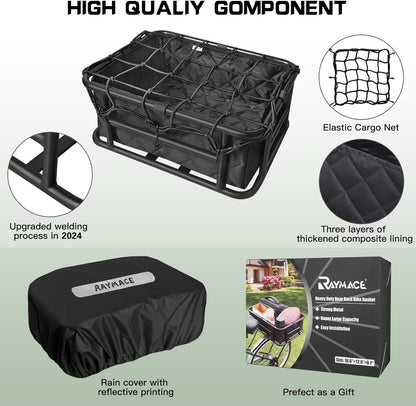 RAYMACE Rear Rack Bike Basket with Cargo Net and Liner Large Bicycle Basket Perfect Mount for Electric Bike