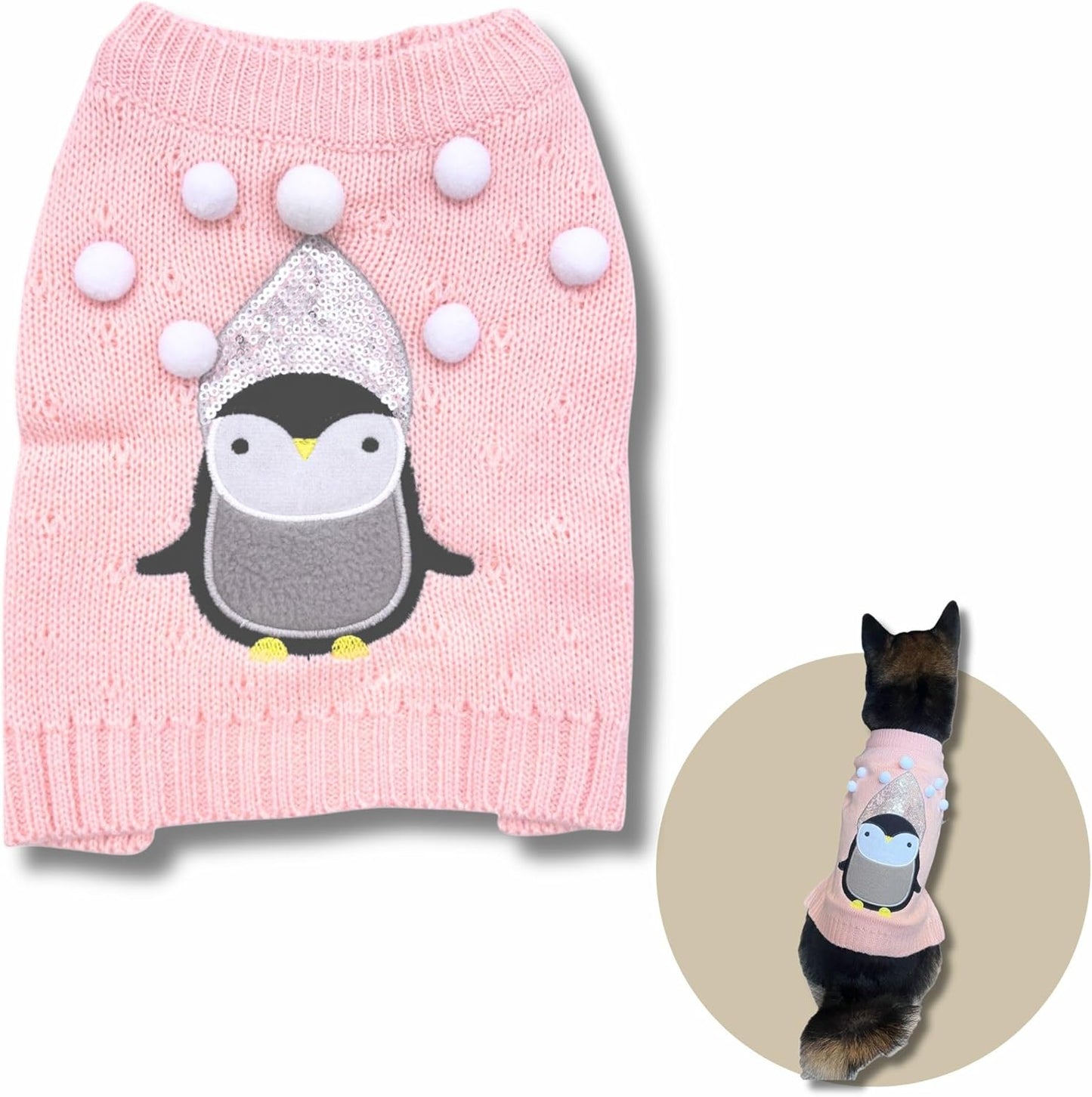 Cute Sweater for Dogs and Cats Soft Flannel Pet Outfit Warm and Cozy Animal Hoodie Small to Large Pet Clothes for Halloween Parties and Everyday Wear (X-Large, Pink Pinguin)