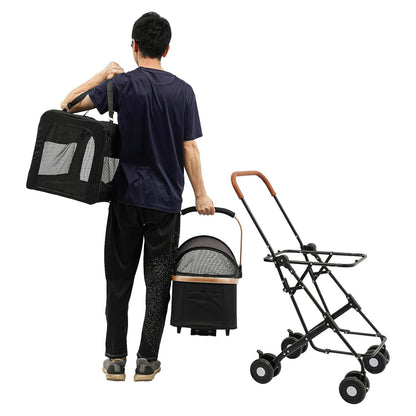 Double Pet Stroller for Dogs and Cats, Foldable Dog Stroller Travel Carriage with Detachable Carriers, Safety Belts, and 4 Lockable Wheels for Small to Medium Pets (Black)