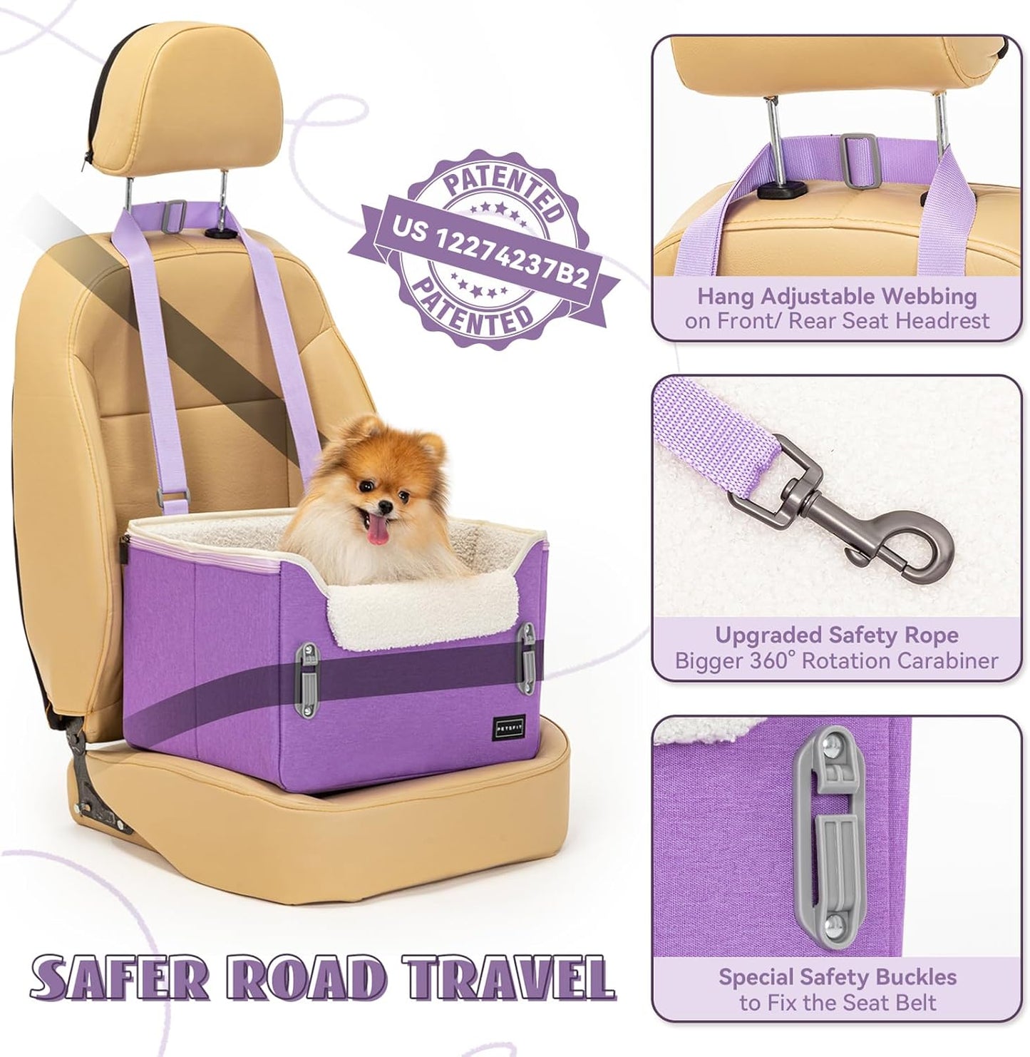 PETSFIT Small Dog Car Seat, Patent Safe Buckles Dog Booster Car Seat, Dogs Carseat with Safety Belt, Suitable for Small Pets Up to 25lbs (Purple)