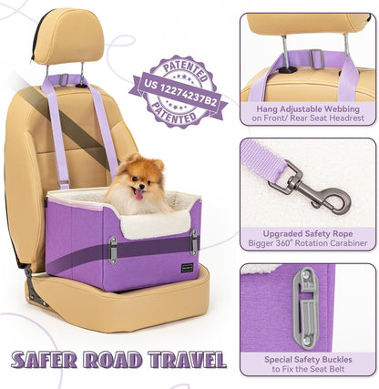 PETSFIT Small Dog Car Seat, Patent Safe Buckles Dog Booster Car Seat, Dogs Carseat with Safety Belt, Suitable for Small Pets Up to 25lbs (Purple)