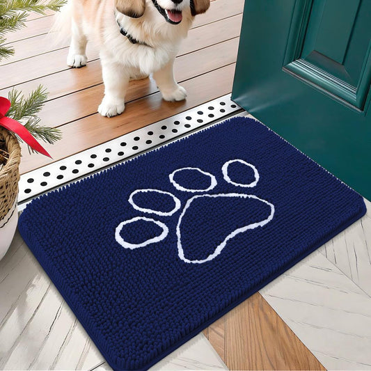 OLANLY Door Mat for Muddy Dog Paws 24x16, Ultra Absorbent Chenille Mud Doormat with Paw Print Design, Non-Slip Washable Doormat for Indoor Entryway, Quick-Dry Pet Bed Mats for Dirty Dogs, Navy Blue