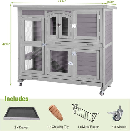GUTINNEEN Rabbit Hutch Indoor Outdoor Bunny House Guinea Pig Cage on Wheel with Plastic Tray 47inch