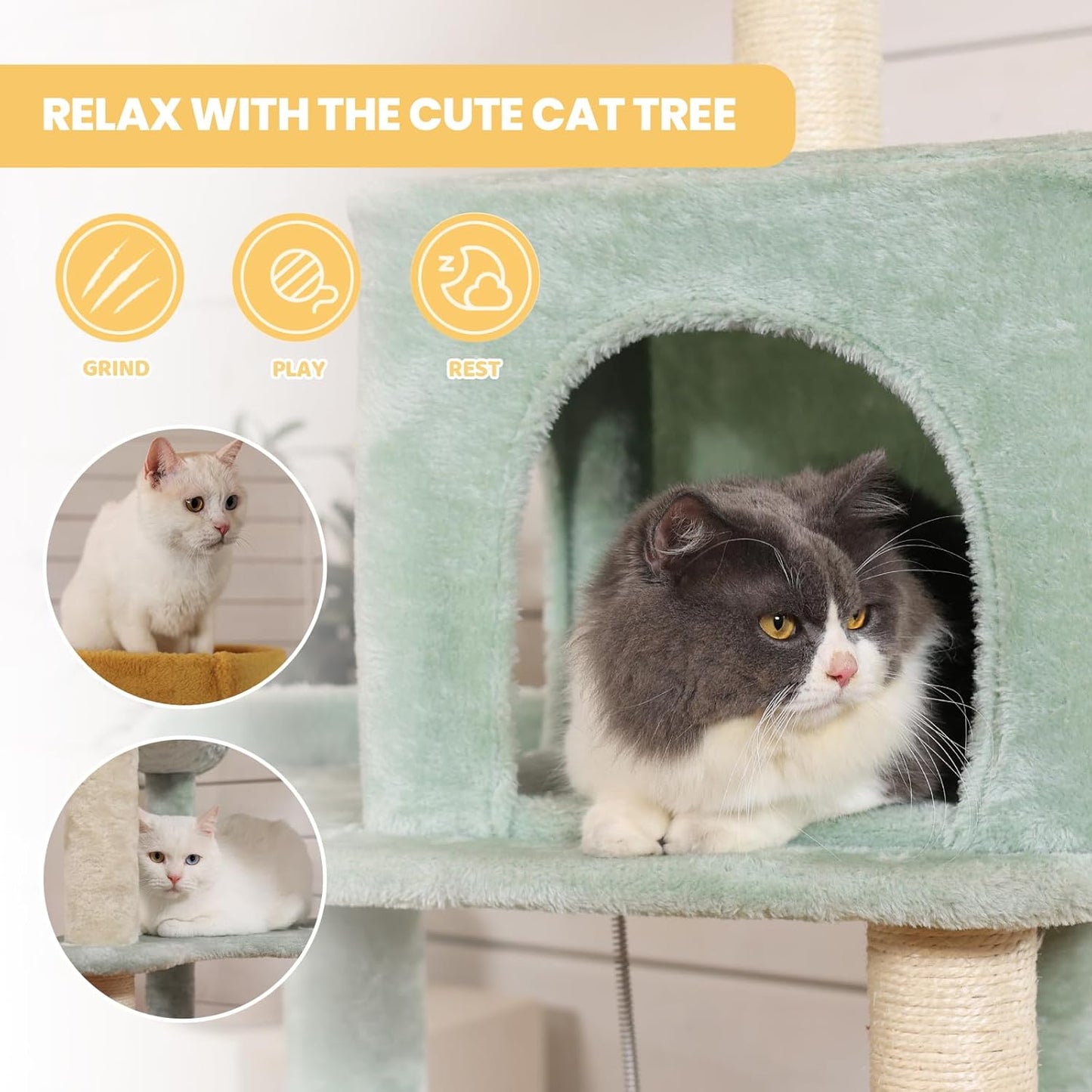 HYABi 65.5 Inch Sunflower Cat Tree Tower Multi-Level Cat Condo with Plush Scratching Posts, Toy Balls, and Pet House, Indoor Play Platform for Large Adult Cats, Cute Sunflower Design