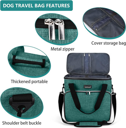 BAGLHER Pet Travel Set Airline-Approved Carrier for Small/Medium Cats & Dogs + Travel Bag with Food Containers & Silicone Bowls, Grey & Green