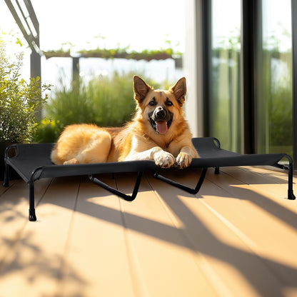 Veehoo Cooling Elevated Dog Bed, 59" x 37" Raised Dog Beds for Large Dogs, Outdoor Dog Bed with Guardrail, Upgraded Non-Slip Feet, Breathable Teslin Mesh, Portable Camping Dog Cot, Black