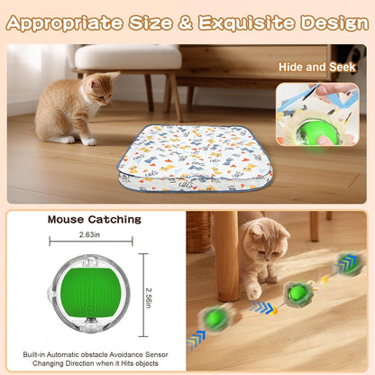 Rocfish Interactive Cat Toys Ball - Automatic Fast Rolling Ball in Play Mat, Hide and Seek Mouse Catching Game, Low-Noise Cat Enrichment Toys in Pouch for Indoor Bored Cats (Green Toy & Square Mat)