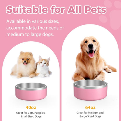 LIANLAI Dog Bowls Large Sized, Rust-Resistant Stainless Steel Dog Bowls, Non Slip Puppy Dishes, Dishwasher Safe (Pink，64 oz)