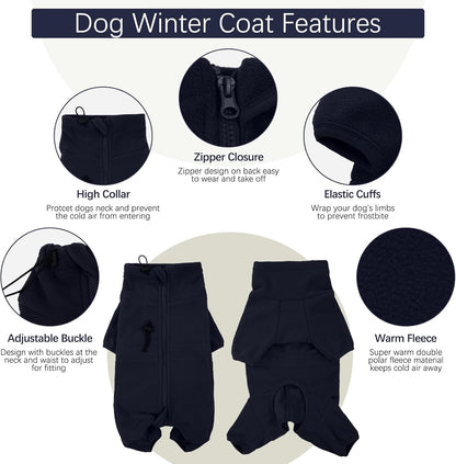ROZKITCH Dog Fleece Jacket, Pet Windproof Warm Cold Weather Jacket Vest Cozy Jumpsuit Apparel Outfit Clothes for Medium Large Dog Walking Hiking Sleep Blue XL