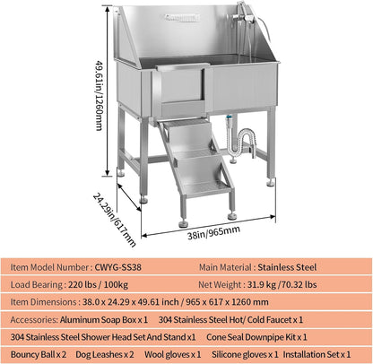 Dog Washing Station 38'' Stainless Steel Pet Grooming Tub for Large Dogs Over-Size Professional Dog Grooming Bathtub Station Wash Shower Sink Pet Grooming Bathtub Station,Left Door