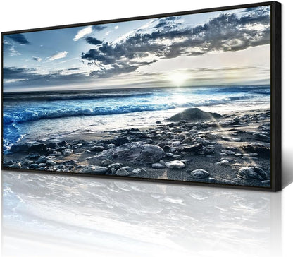 Wapluam Large Canvas Prints Wall Decorations For Living Room Wall Art For Bedroom Office Wall Decor Scenery Wall Painting Blue Sea Pictures Artwork For Fashion Black Framed Beach Posters Home Decor